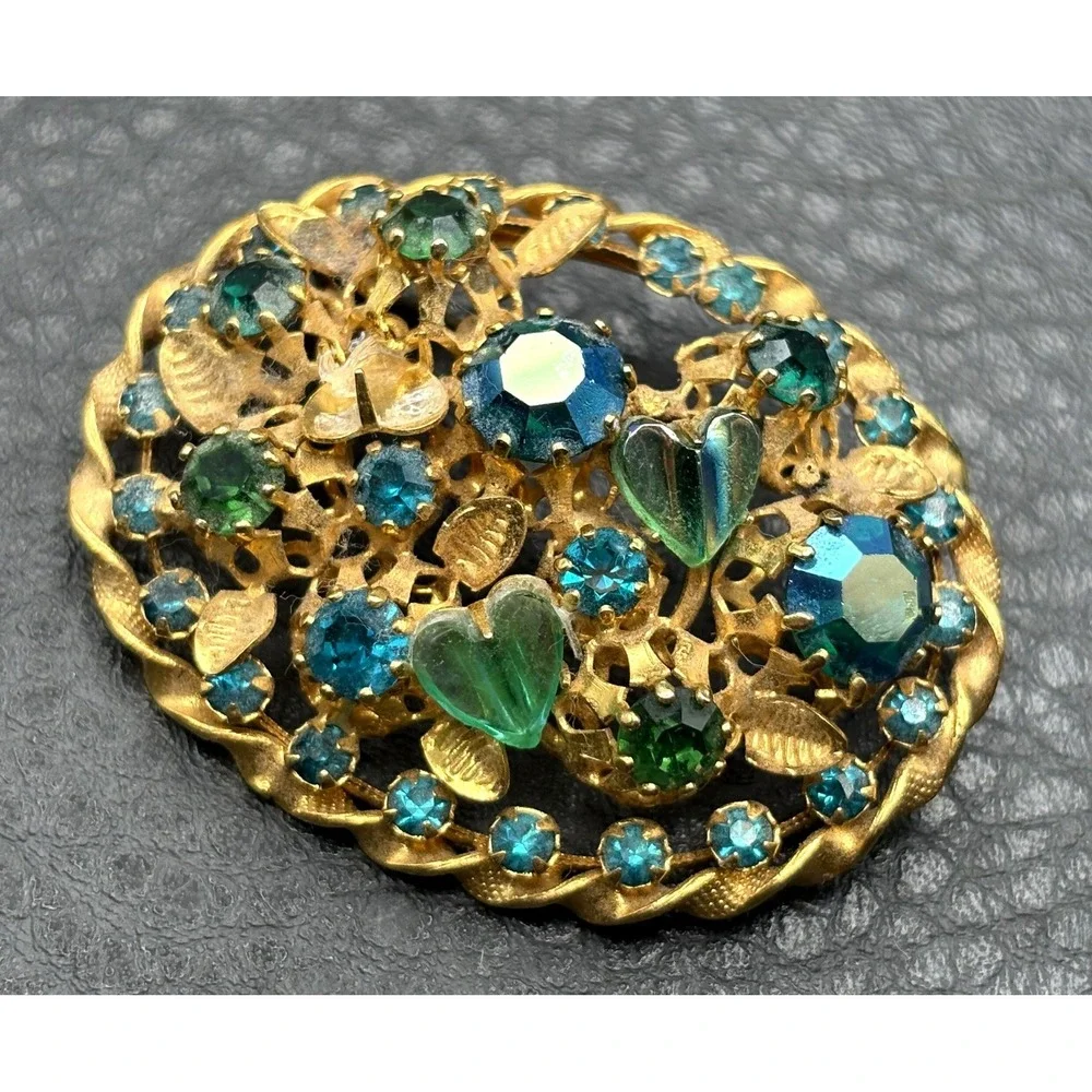 VTG Austria Gold Tone Filigree Brooch Blue Green Heart Rhinestone Pin READ